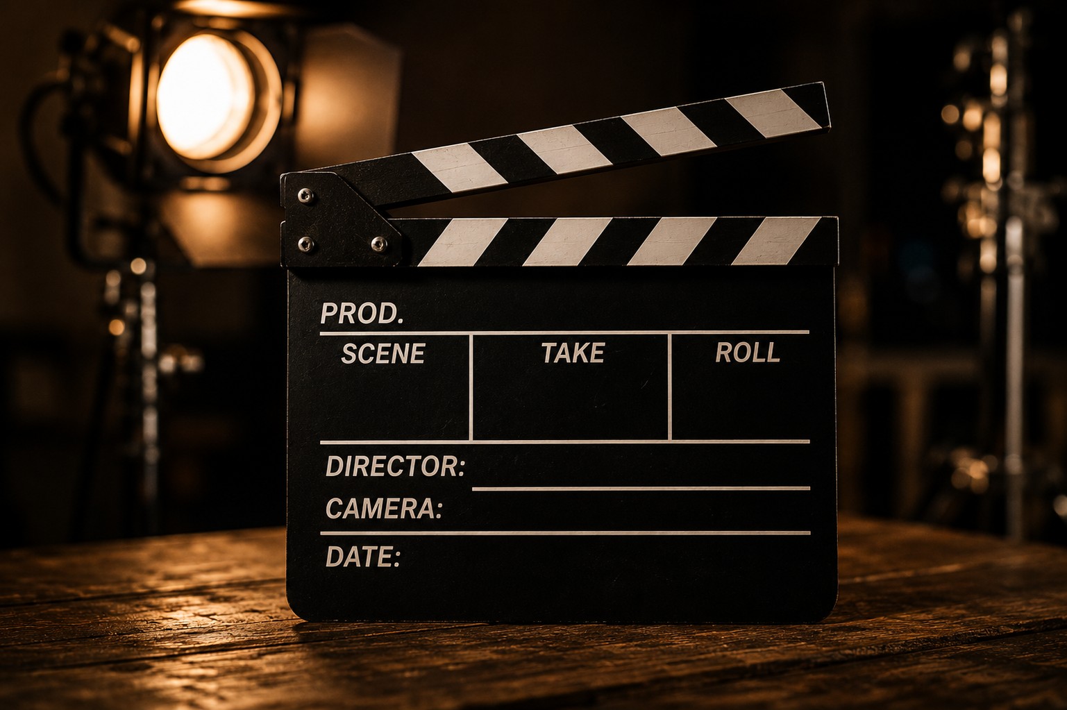 Film clapperboard in a warm studio